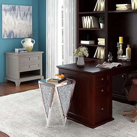 Mirrored End Table Crystal Diamond Setting Coffee Table Silver Glass Side Table Pedestal Stand For Hallway, Living Room,