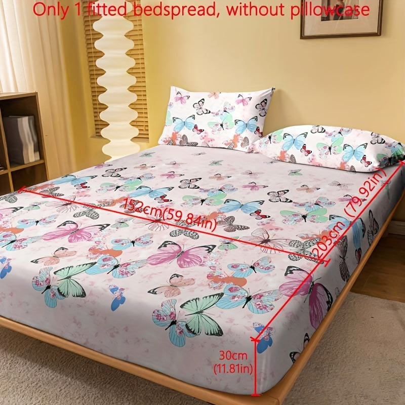 1pc Brushed Fitted Sheet, Soft Comfortable Butterfly Floral Print Bedding Fitted Sheet, For Bedroom, Guest Room, With Deep Pocket, Fitted Bed Sheet Only, Without Pillowcase