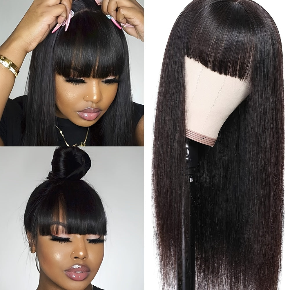 Straight Human Hair Wigs With Bangs None Lace Front Wigs 180% Density Brazilian Virgin Human Hair Glueless Machine Made Wigs For Black Women Natural Color