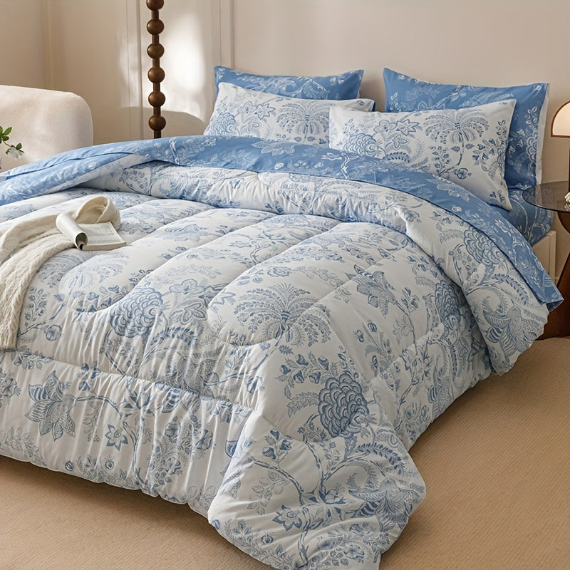 7pcs Blue Flower Plant Design Two-sidedlarge Sizeextra Large Quilt Set (1 Quilt +1 Bed Cap +1 Bed Sheet +4 Pillowcase Without Pillow Core), Contains Padding 180gsm Quilting Soft Ventilate The Four Seasons Apply Bedroom Dormit
