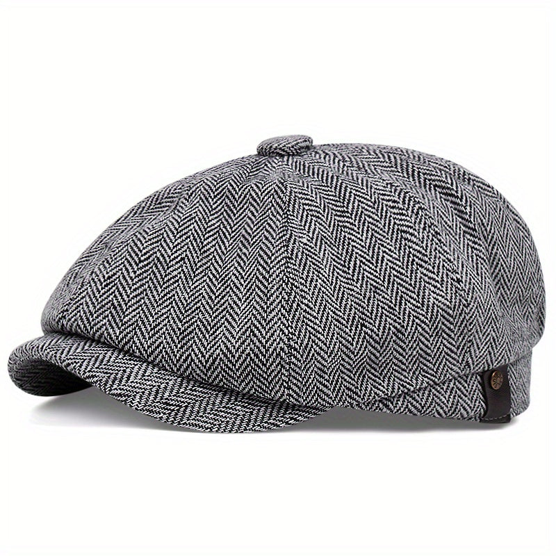 Men&Apos;S Retro Herringbone Flat Cap - Black Casual Beret with Vintage Style, Knitted Polyester, Perfect for Valentine&Apos;S Day, Everyday Headwear | Vintage Flat Cap | Knitted Texture