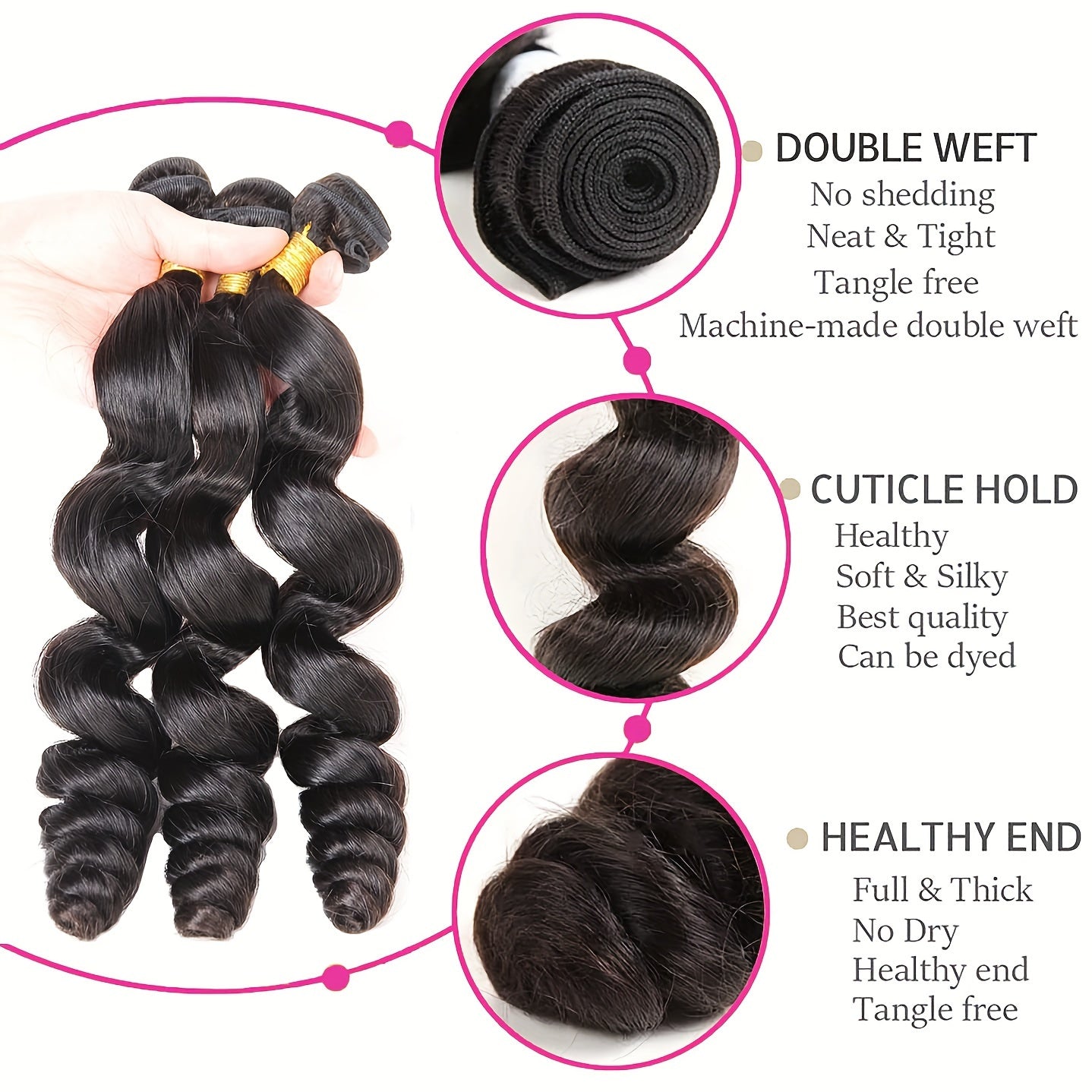 Loose Wave Bundles Human Hair 3 Bundles Deal 100% Unprocessed Brazilian Virgin Hair Loose Wave Bundles Real Human Hair Extensions For Women No Mixed Natural Color No Shedding No Tangle