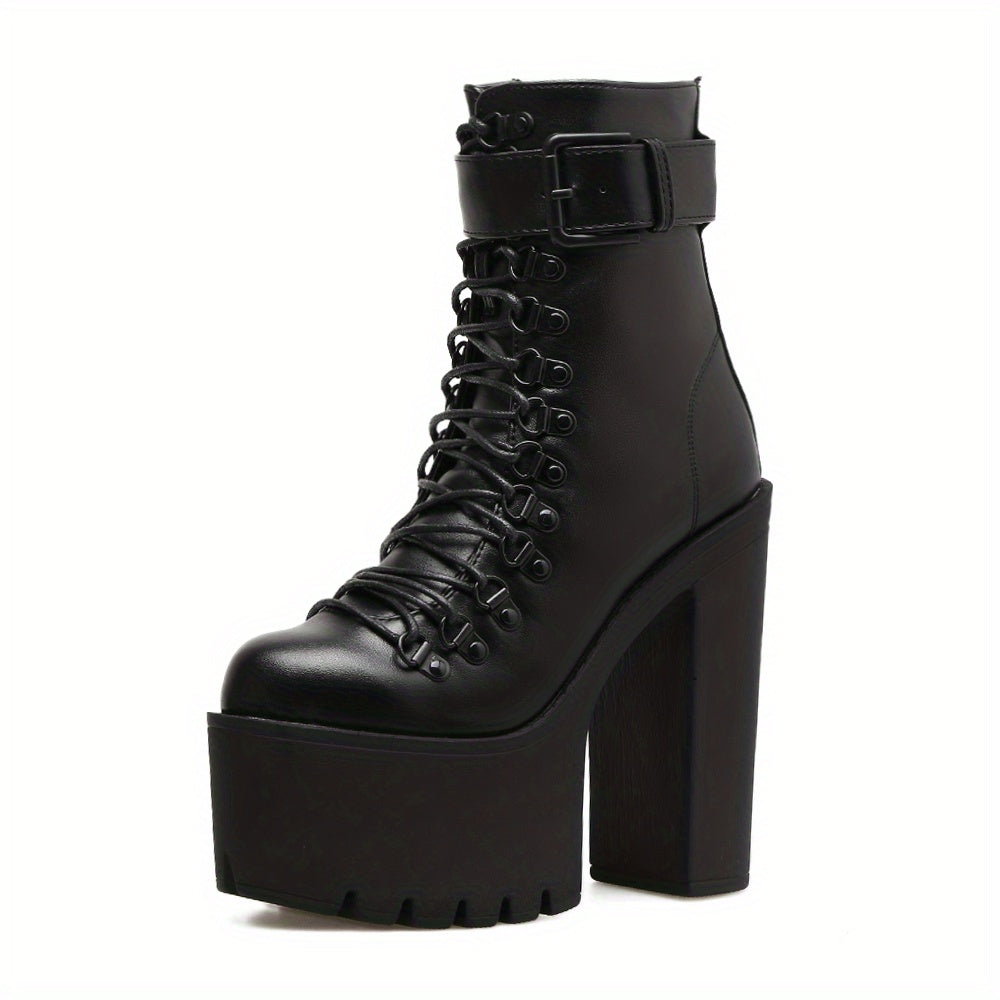 Women's Platform Chunky High Heel Ankle Boots, Black Buckle Strap Lace Up Side Zipper Motorcycle Boots, Punk Style Shoes