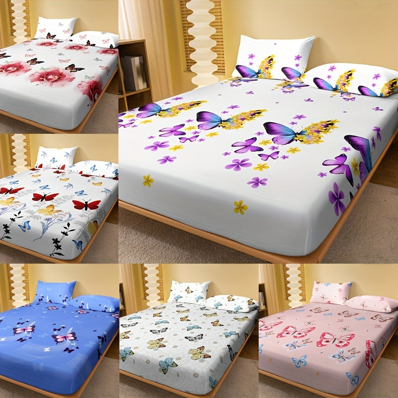 1pc Brushed Fitted Sheet, Soft Comfortable Butterfly Floral Print Bedding Fitted Sheet, For Bedroom, Guest Room, With Deep Pocket, Fitted Bed Sheet Only, Without Pillowcase