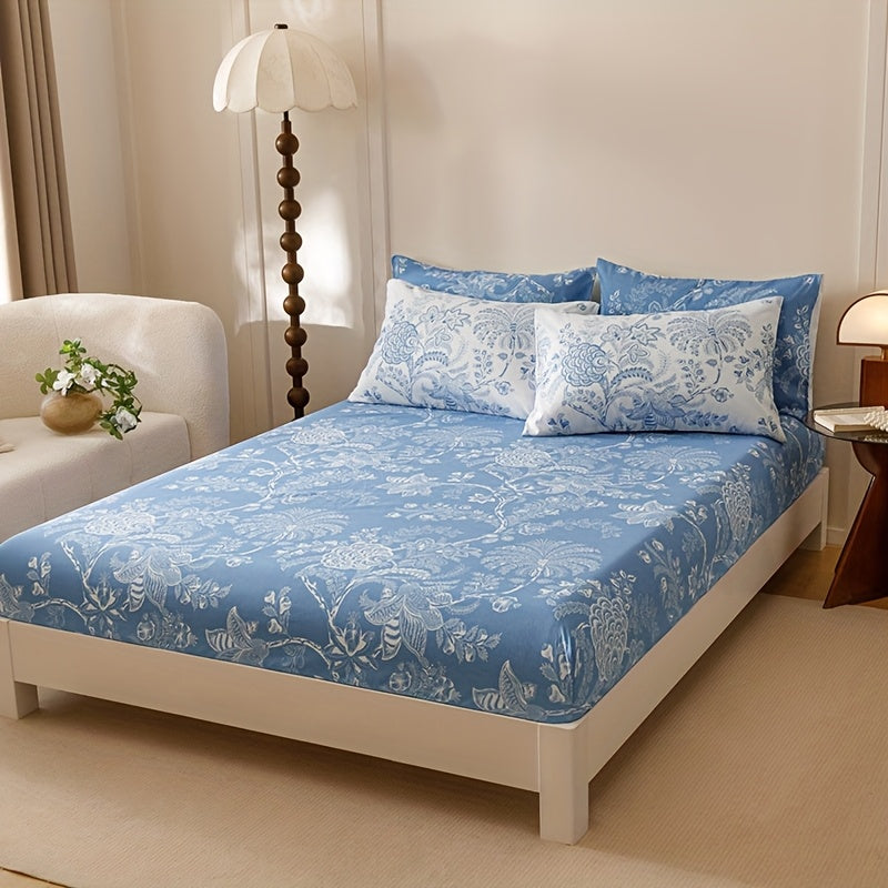 7pcs Blue Flower Plant Design Two-sidedlarge Sizeextra Large Quilt Set (1 Quilt +1 Bed Cap +1 Bed Sheet +4 Pillowcase Without Pillow Core), Contains Padding 180gsm Quilting Soft Ventilate The Four Seasons Apply Bedroom Dormit