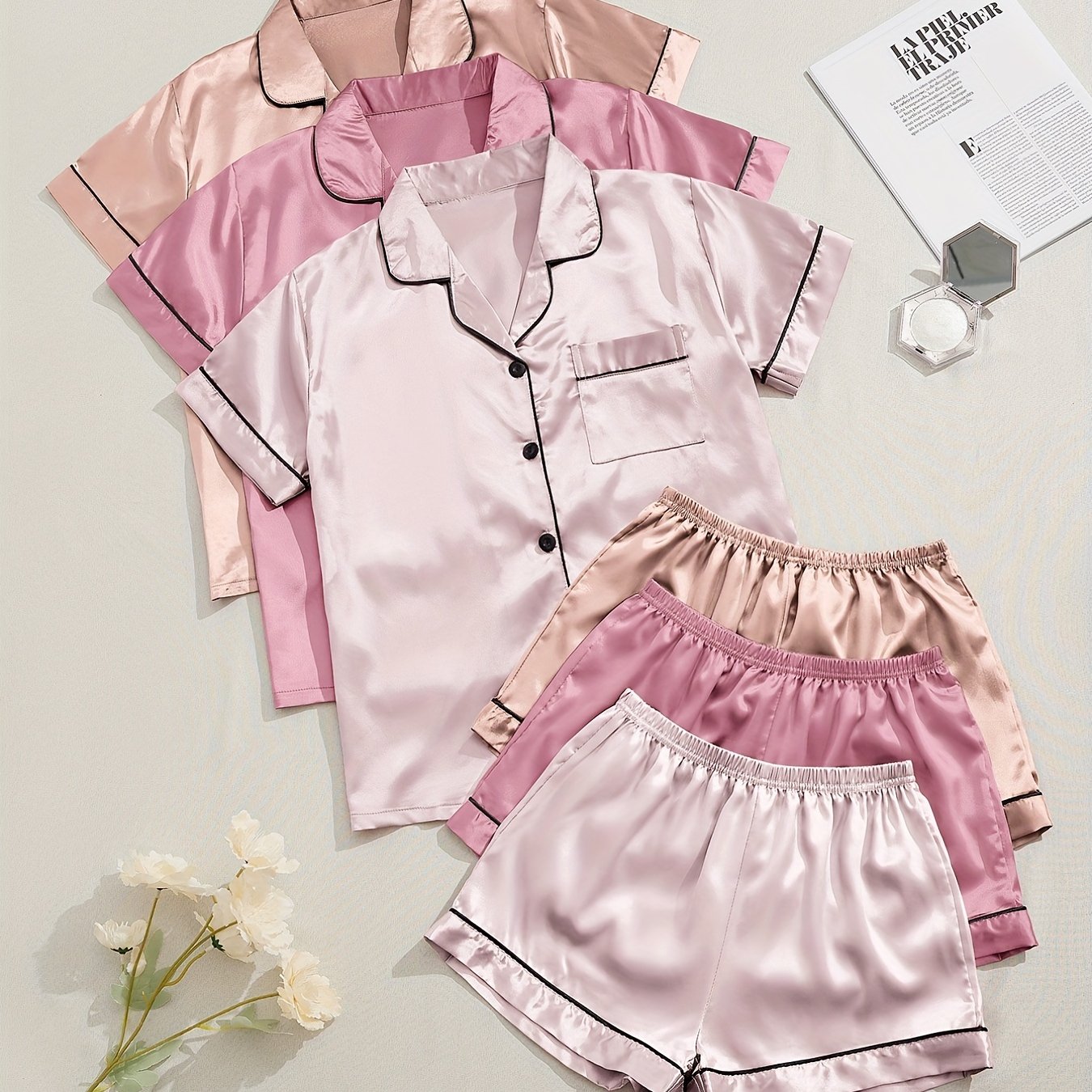 3 Sets of Luxurious Satin Pajama Sets - Soft Short Sleeve Lapel Tops, Elastic Waistband Shorts for Comfortable Women's Sleepwear and Loungewear - Perfect for Relaxation and Leisure Activities