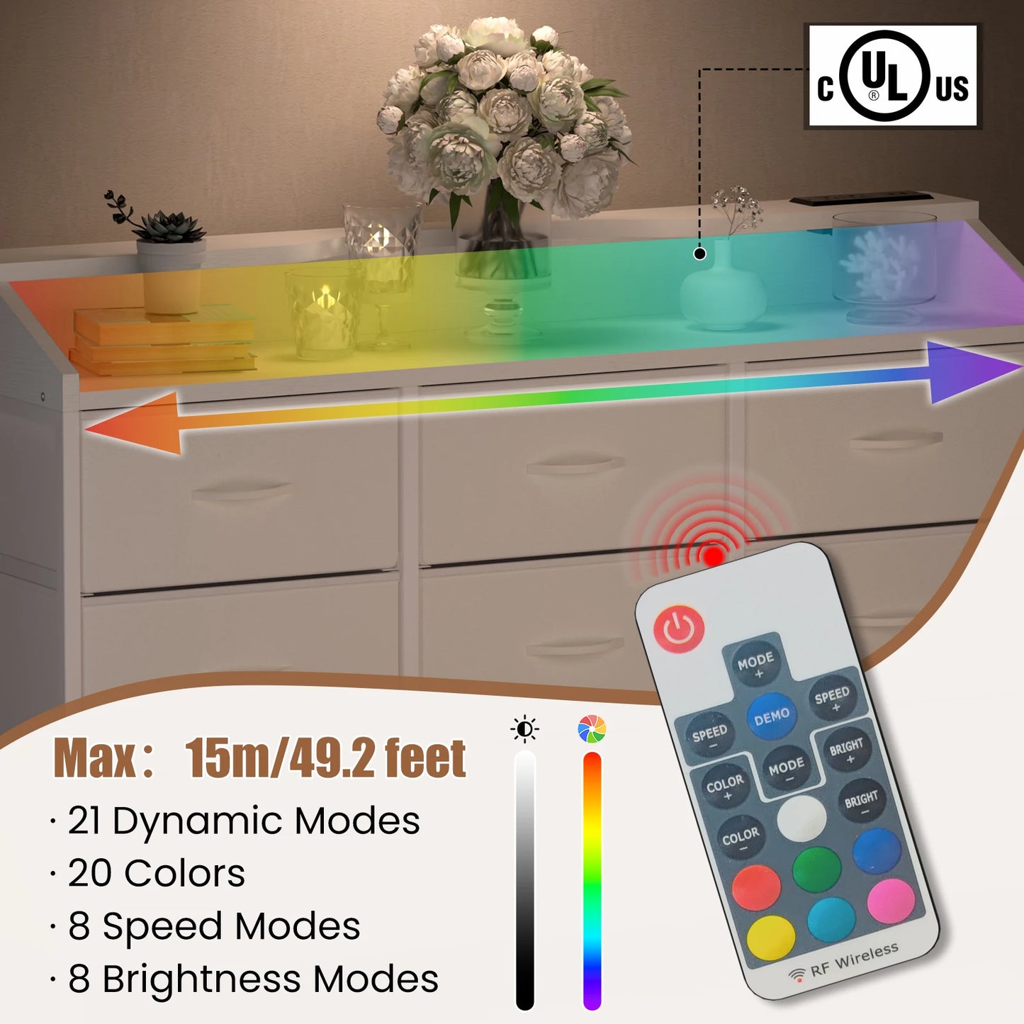 Dresser for Bedroom, 9 Drawers Dresser with LED Lights & Charging Station-White