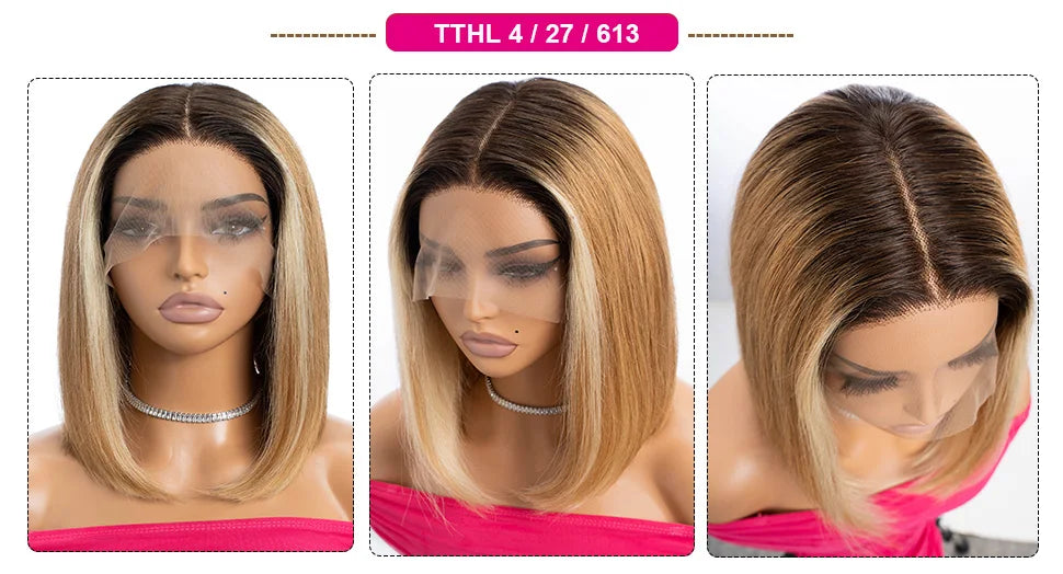 Colored Ombre Pink Bob T Part Lace Wigs Straight Human Hair Lace Front Wigs Pre Plucked Blonde Straight Lace Front Wigs