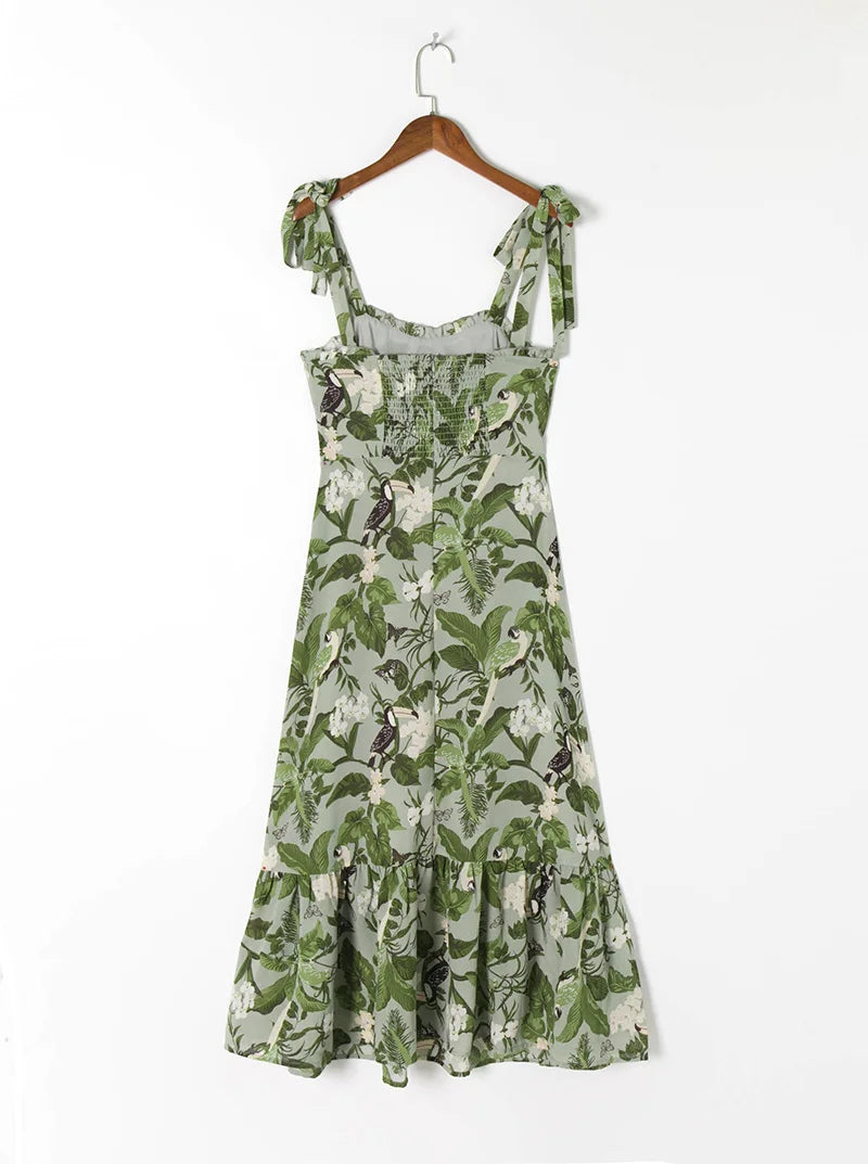 Dresses For Women 2021 Party Elegant Ruffle Hem Beach Summer Dress Sweetheart Neck Tie Strap Tropical Print Chiffon Midi Dress