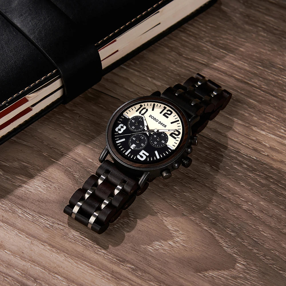 Black Sandal Wood Watch Quartz Chrono Men Wristwatch Multifunctional Stop Watch