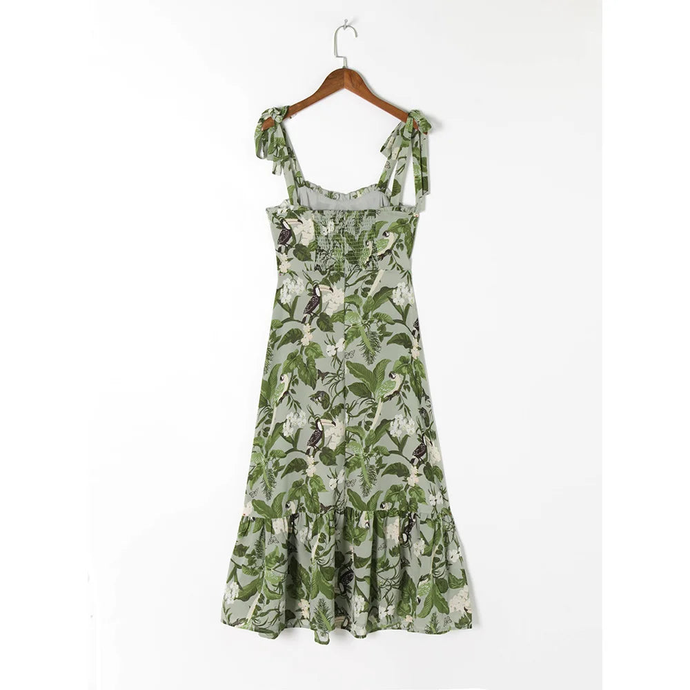 Dresses For Women 2021 Party Elegant Ruffle Hem Beach Summer Dress Sweetheart Neck Tie Strap Tropical Print Chiffon Midi Dress