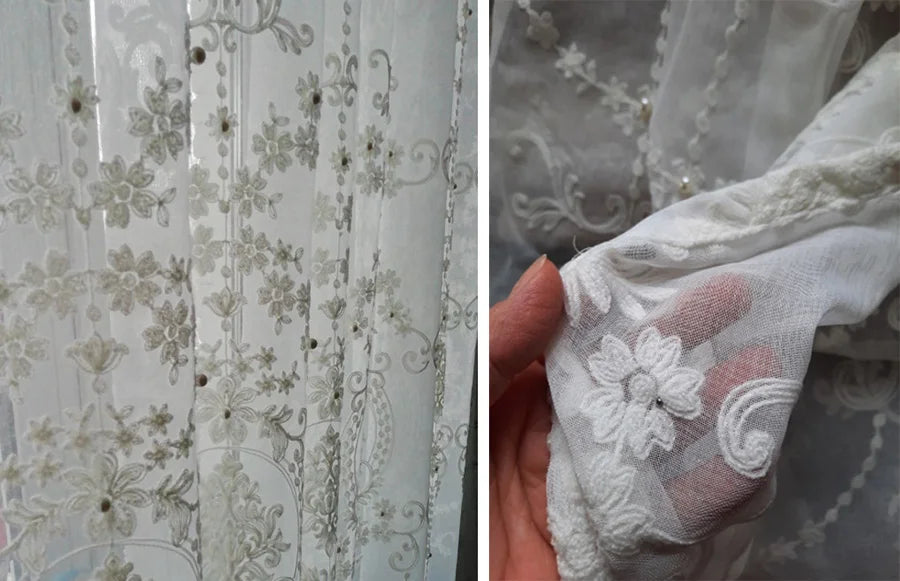 White Elegant Lxury Curtains, Tulle Contain Pearls Embroidery Beads Window Drapes ,Curtain Volie Sheer for Living Room Finished