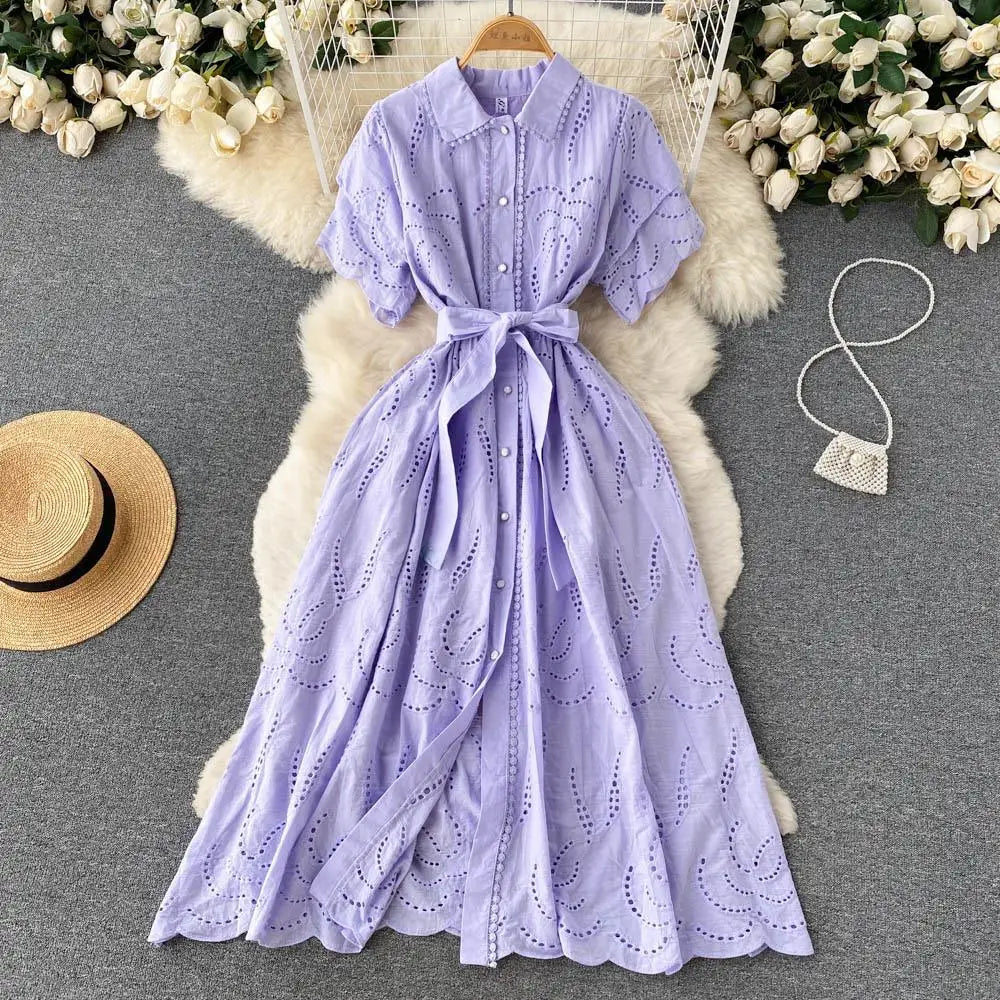 Simple Plain Turn Down Collar Short Sleeve Hollow Out Shirt Dress Women Summer Casual Tea Dresses Dresses Ladies