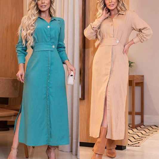 HK7124 New Women's Clothing High Quality Women Casual Dresses Ladies Stylish Square Neck Puff Sleeve Solid Waist Midi Dress