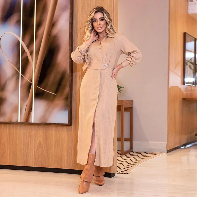 HK7124 New Women's Clothing High Quality Women Casual Dresses Ladies Stylish Square Neck Puff Sleeve Solid Waist Midi Dress