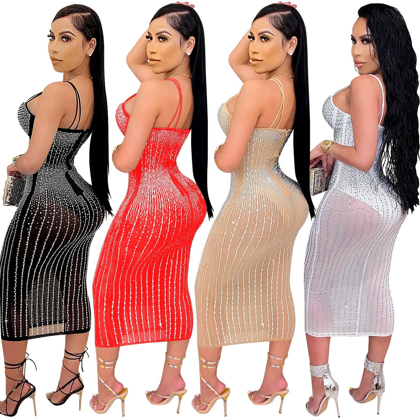 2024 Women Plus Size Mesh Patchwork Prom Party Dresses Ladies  Sleeveless Sequin Evening Dress