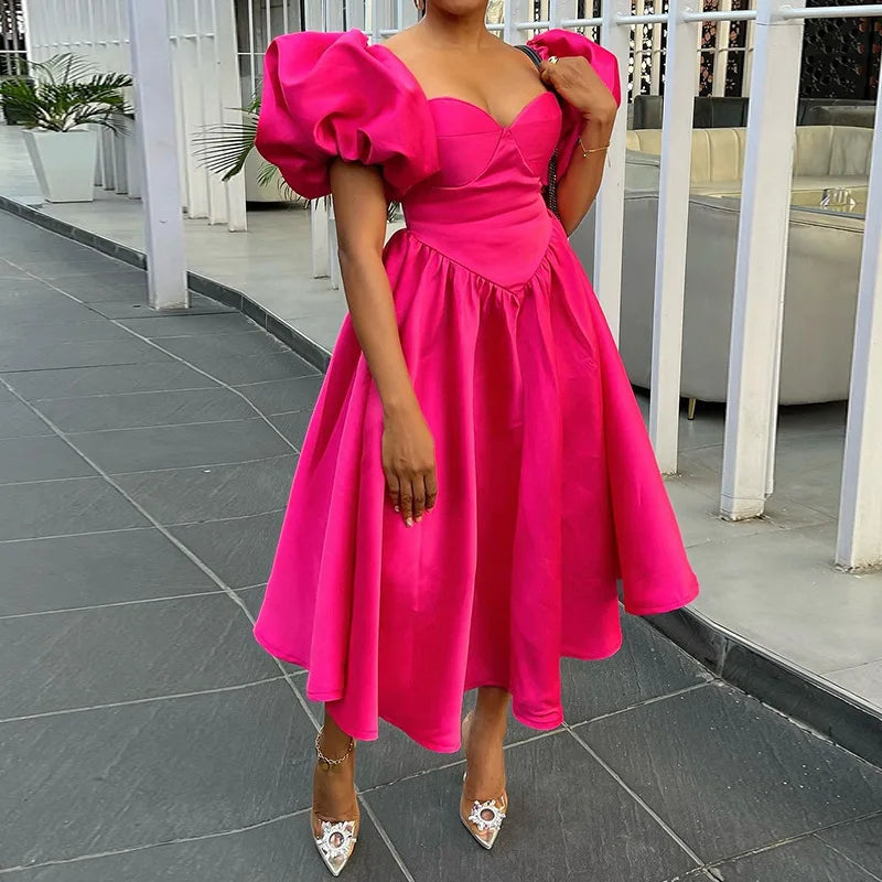New Women's Clothing High Quality Women Casual Dresses Ladies Stylish Puff Sleeve Solid Waist Midi Dress