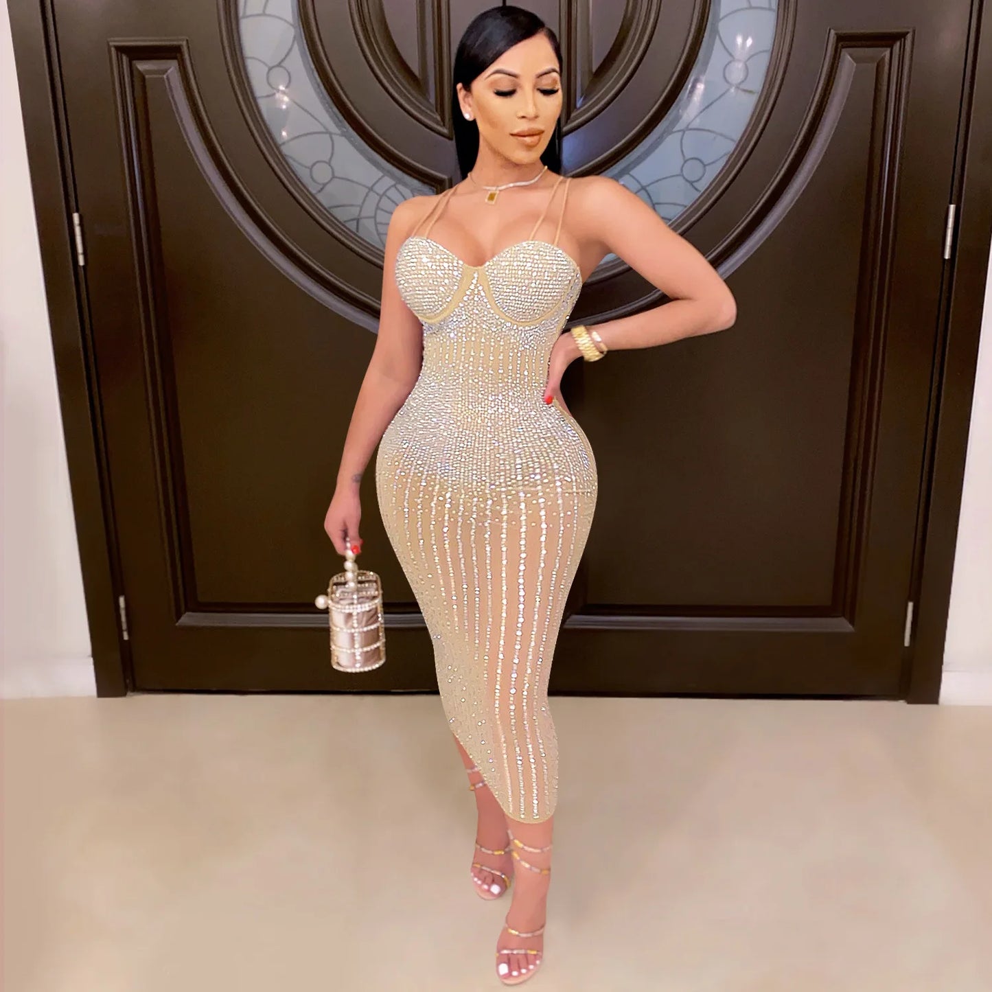 2024 Women Plus Size Mesh Patchwork Prom Party Dresses Ladies  Sleeveless Sequin Evening Dress