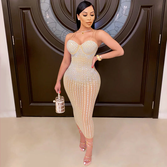 2024 Women Plus Size Mesh Patchwork Prom Party Dresses Ladies  Sleeveless Sequin Evening Dress