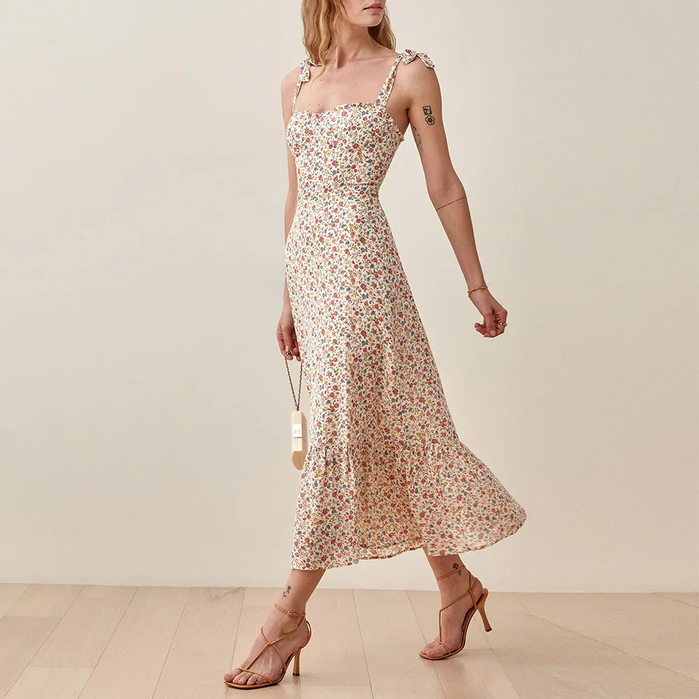 Dresses For Women 2021 Party Elegant Ruffle Hem Beach Summer Dress Sweetheart Neck Tie Strap Tropical Print Chiffon Midi Dress