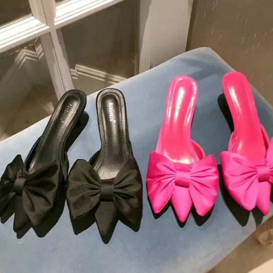 Hot Pink 2022 New Fashion Pointy Toe Silk Low Heels Sandal Women Slip on Mules