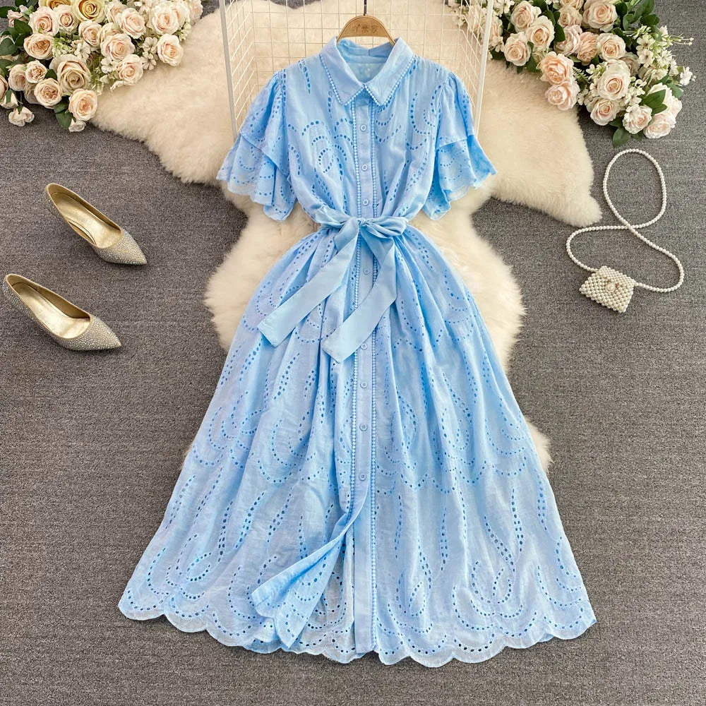 Simple Plain Turn Down Collar Short Sleeve Hollow Out Shirt Dress Women Summer Casual Tea Dresses Dresses Ladies