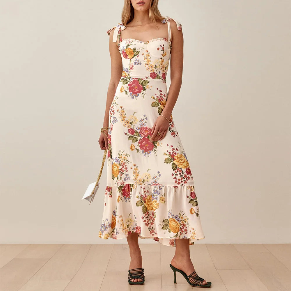 Dresses For Women 2021 Party Elegant Ruffle Hem Beach Summer Dress Sweetheart Neck Tie Strap Tropical Print Chiffon Midi Dress
