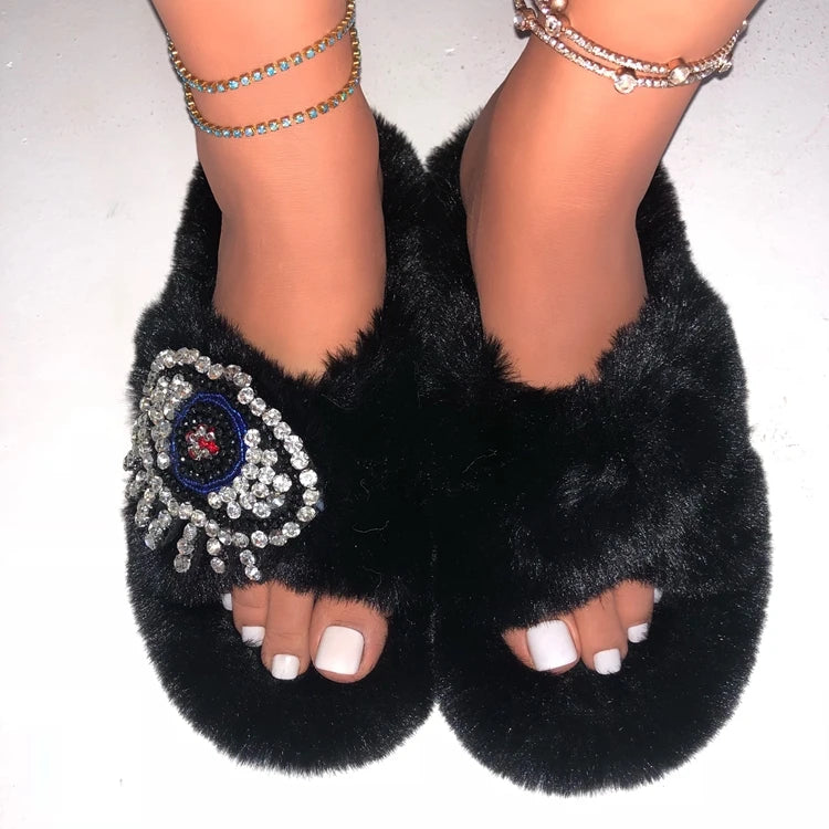 High Quality Women Shoes Glitter Sandal Women Imitation Fur Velvet Slippers Teardrop Eyes Ethnic Beaded Diamond Wool Slides
