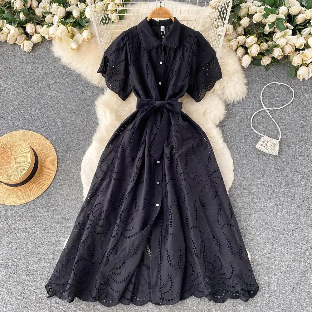 Simple Plain Turn Down Collar Short Sleeve Hollow Out Shirt Dress Women Summer Casual Tea Dresses Dresses Ladies
