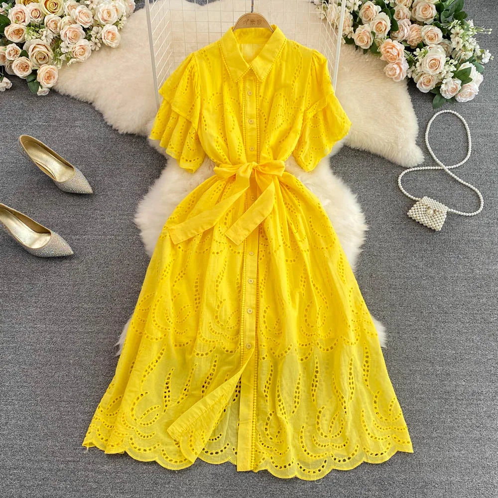 Simple Plain Turn Down Collar Short Sleeve Hollow Out Shirt Dress Women Summer Casual Tea Dresses Dresses Ladies