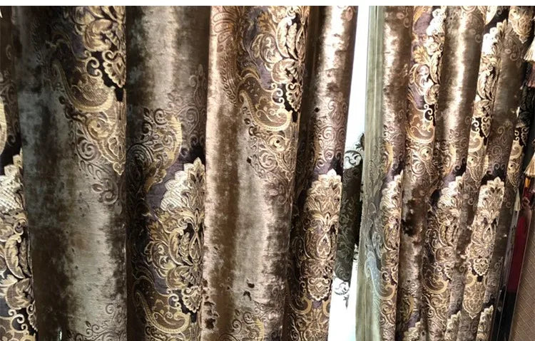 European Curtains for Living Room Dining Bedroom High Window Elegant Palace Luxury Print Velvet Curtain Carved Gold Curry Villa