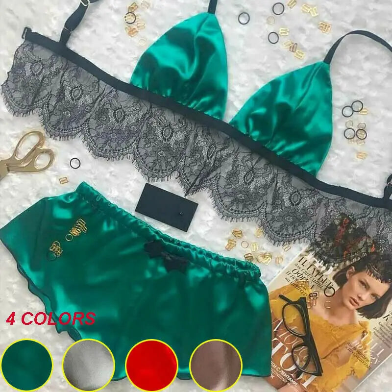 Women's Underwear Sexy Silk Satin Lingerie Pajamas Crop Tops Bralette&Panty Sets Soft Wear for Girls Tops Briefs Lace Suit