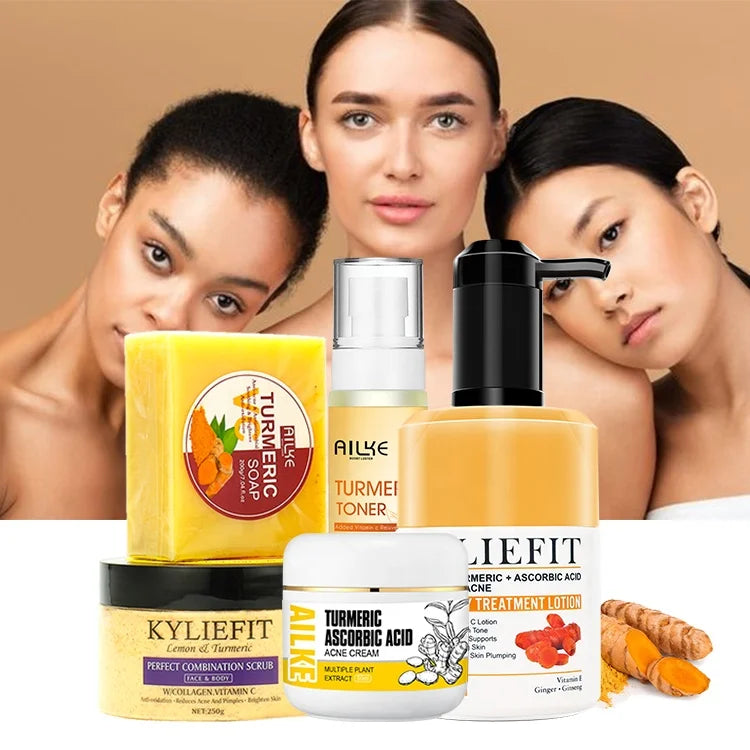Ailke OEM Beauty Product Tumeric Skin Care Whitening Cream Set Anti Acne Brightening Skin Care Set