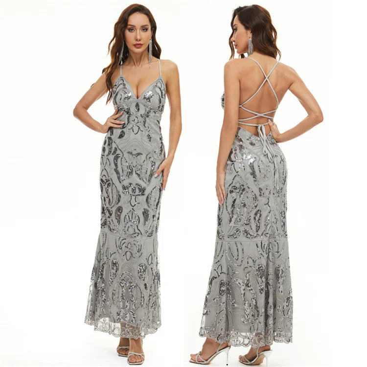 New Design Luxury Sleeveless Sexy Backless Hollow Out Halter Sequin Evening Dresses Ladies Prom Dresses Party Dress