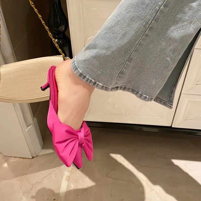 Hot Pink 2022 New Fashion Pointy Toe Silk Low Heels Sandal Women Slip on Mules