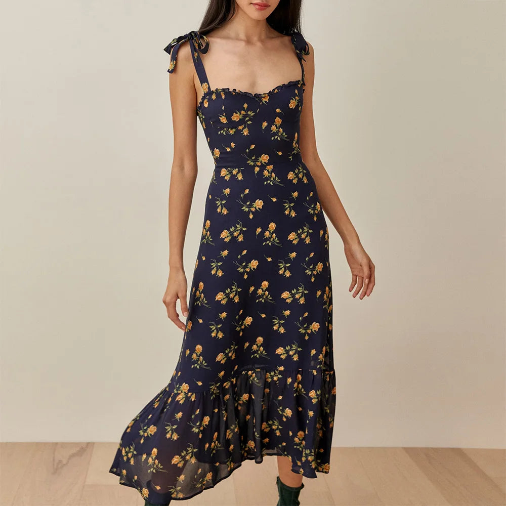 Dresses For Women 2021 Party Elegant Ruffle Hem Beach Summer Dress Sweetheart Neck Tie Strap Tropical Print Chiffon Midi Dress