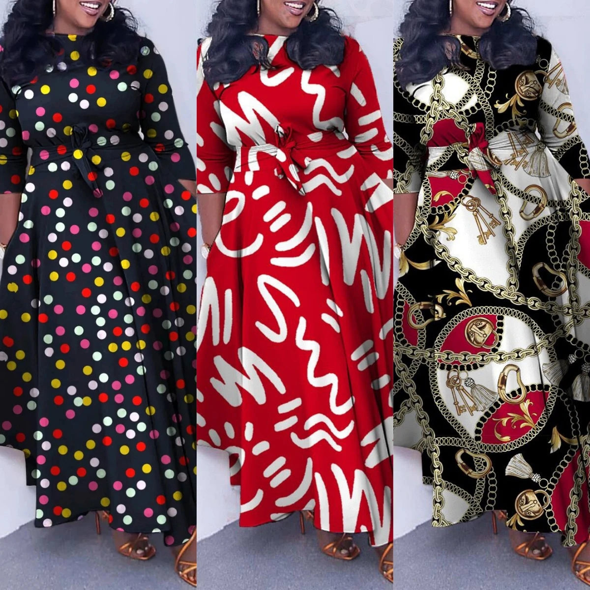 Q103 Latest Design Elegant Dresses Women Casual Temperament Lace up A-line Maxi Dresses Ladies Printed Winter Dress