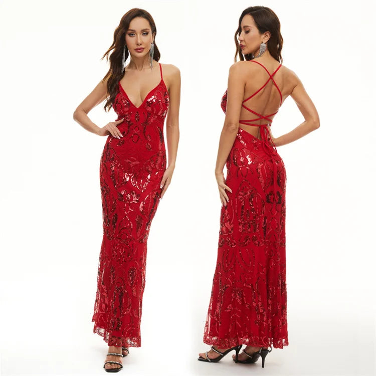 New Design Luxury Sleeveless Sexy Backless Hollow Out Halter Sequin Evening Dresses Ladies Prom Dresses Party Dress