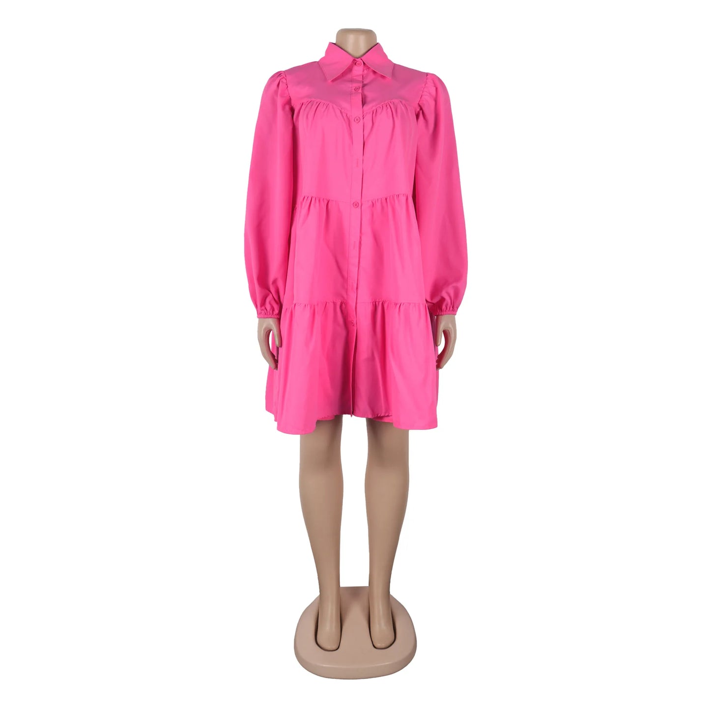 Summer 2025 Solid Color Pleated Turn-down Collar High-End Button Loose Hem Casual Midi Dresses Ladies Elegant Dresses