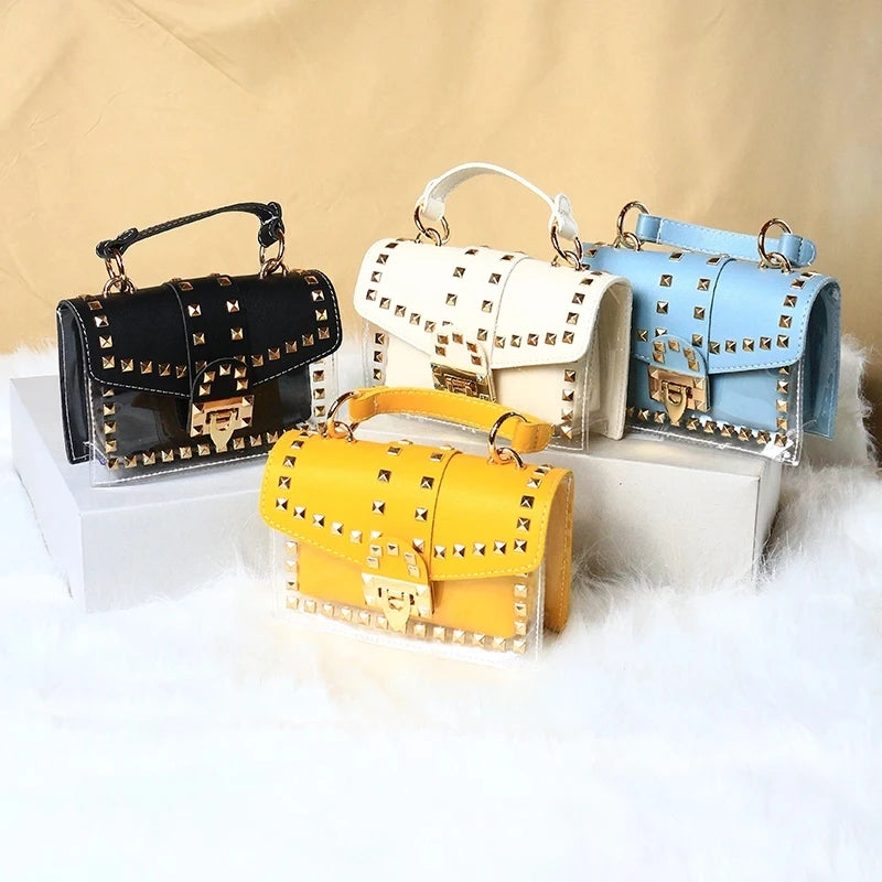 2021 Summer Ladies Elegant Clear Handbags and Sandal Women Fashion Matching Transparent Chain Rivet Purse and Shoe Slipper Set