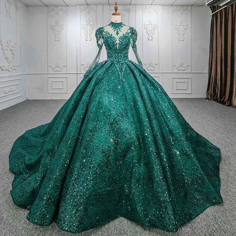 Jancember DY9940 Green High Full Sleeve Dinner Gown Evening Dresses Ladies