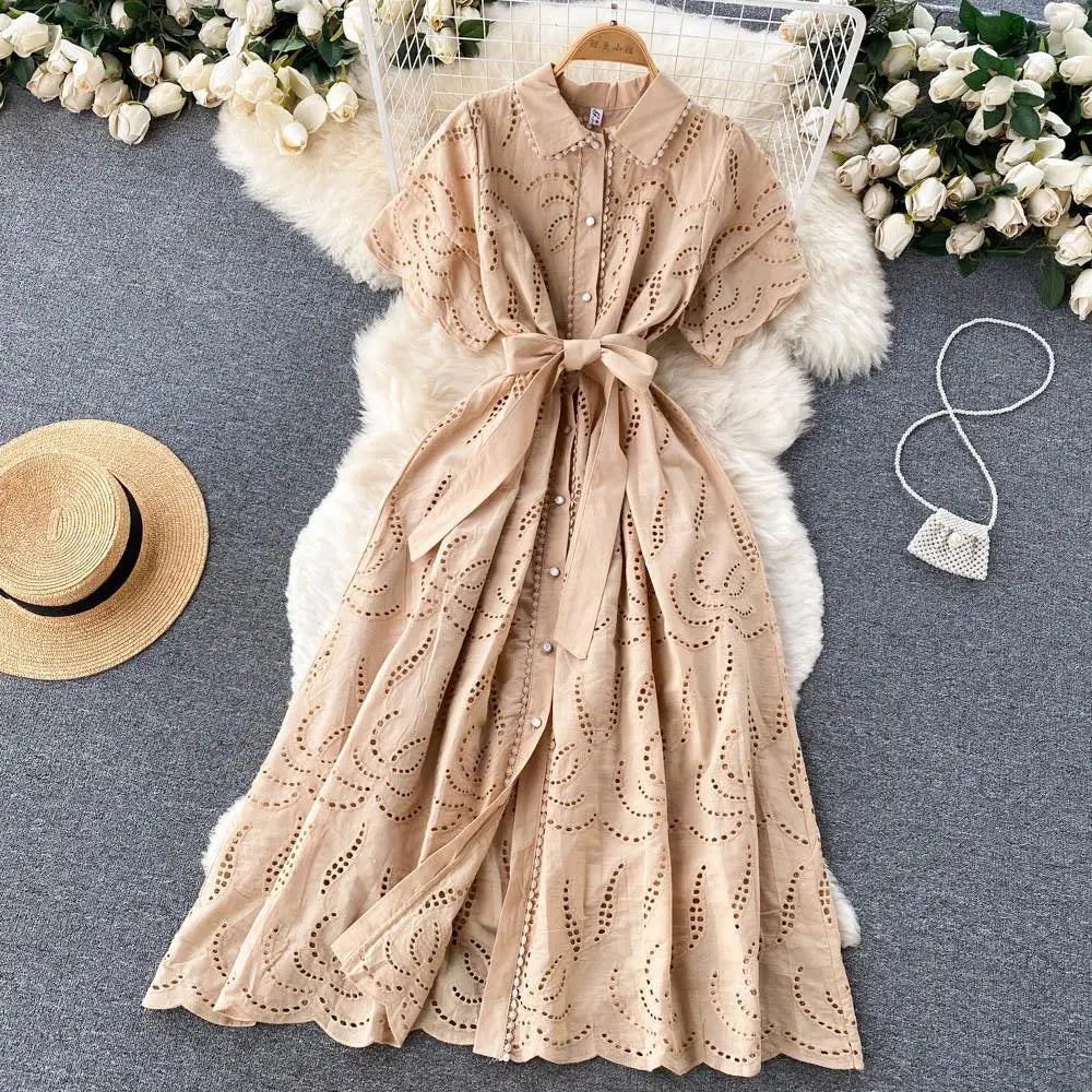 Simple Plain Turn Down Collar Short Sleeve Hollow Out Shirt Dress Women Summer Casual Tea Dresses Dresses Ladies