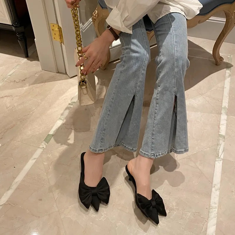 Hot Pink 2022 New Fashion Pointy Toe Silk Low Heels Sandal Women Slip on Mules