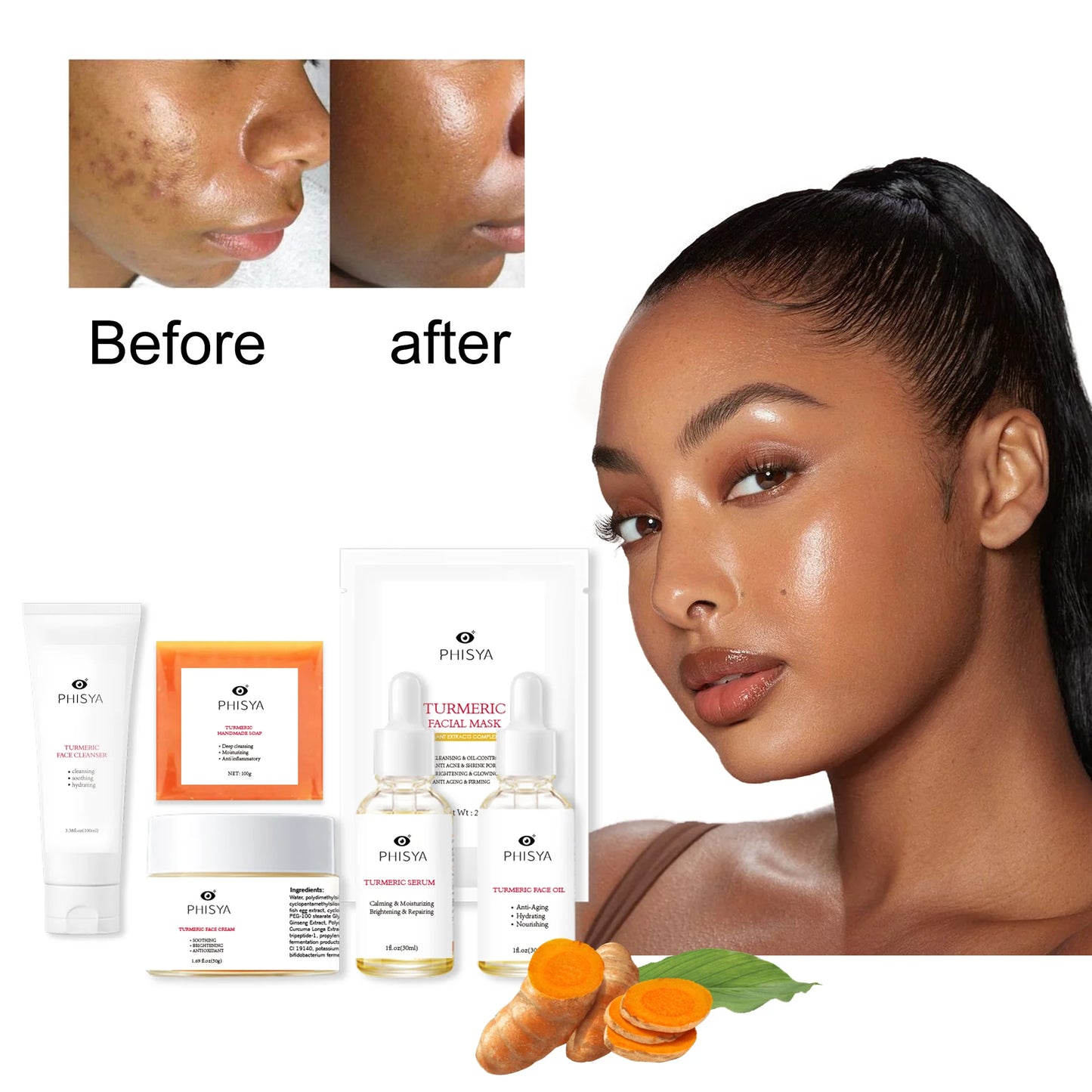 Private Label Tumeric Skin Care Products Anti Aging Anti Acne Moisturizing Facial Set Vitamin C Tumeric Skin Care Set