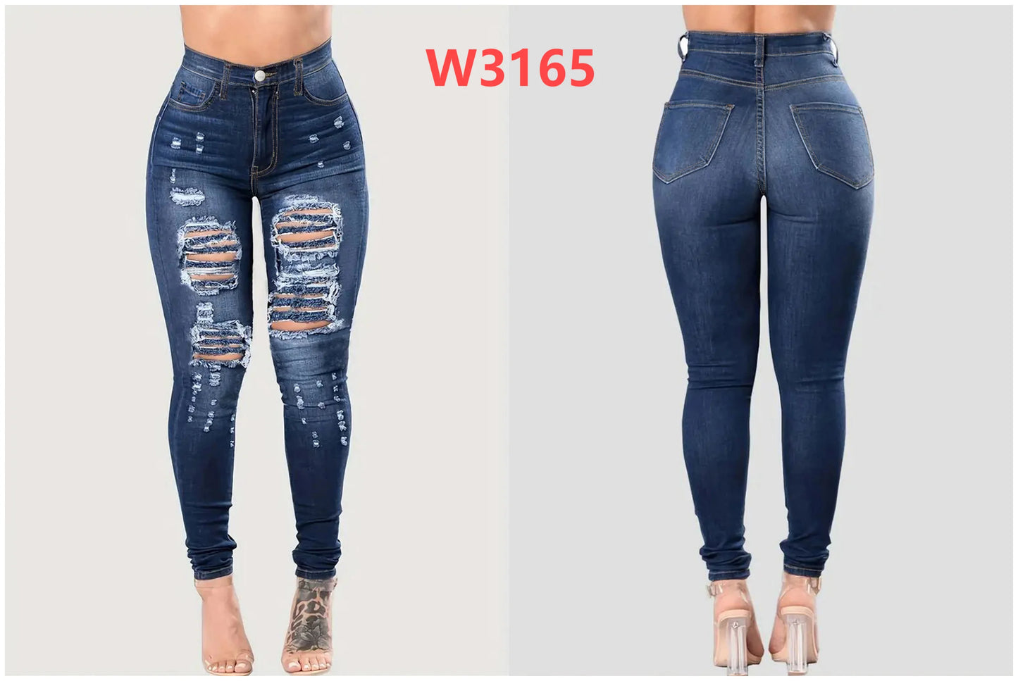 Women's Elegant Light Blue Ripped Skinny Jeans Long Legging Pencil Denim Pants with Casual Style Soft Stretchy Waist Logo