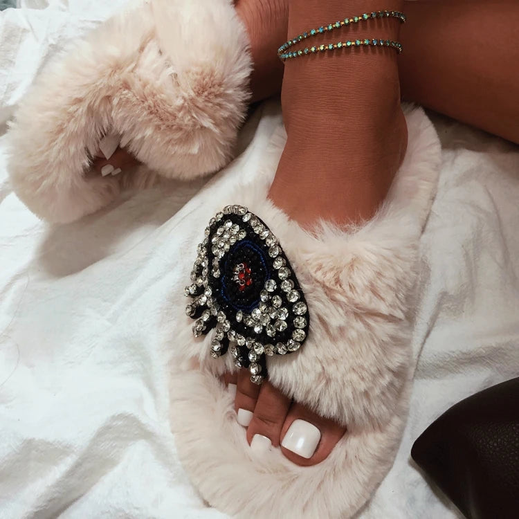 High Quality Women Shoes Glitter Sandal Women Imitation Fur Velvet Slippers Teardrop Eyes Ethnic Beaded Diamond Wool Slides