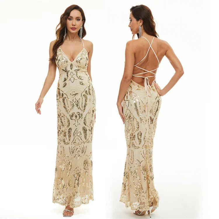 New Design Luxury Sleeveless Sexy Backless Hollow Out Halter Sequin Evening Dresses Ladies Prom Dresses Party Dress