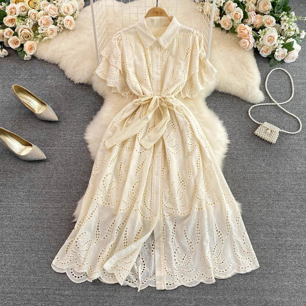 Simple Plain Turn Down Collar Short Sleeve Hollow Out Shirt Dress Women Summer Casual Tea Dresses Dresses Ladies