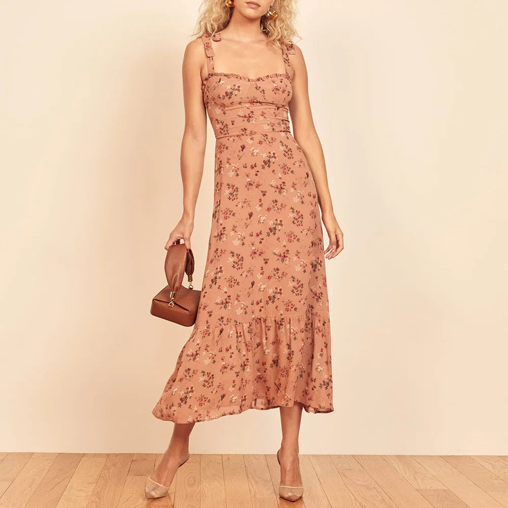 Dresses For Women 2021 Party Elegant Ruffle Hem Beach Summer Dress Sweetheart Neck Tie Strap Tropical Print Chiffon Midi Dress