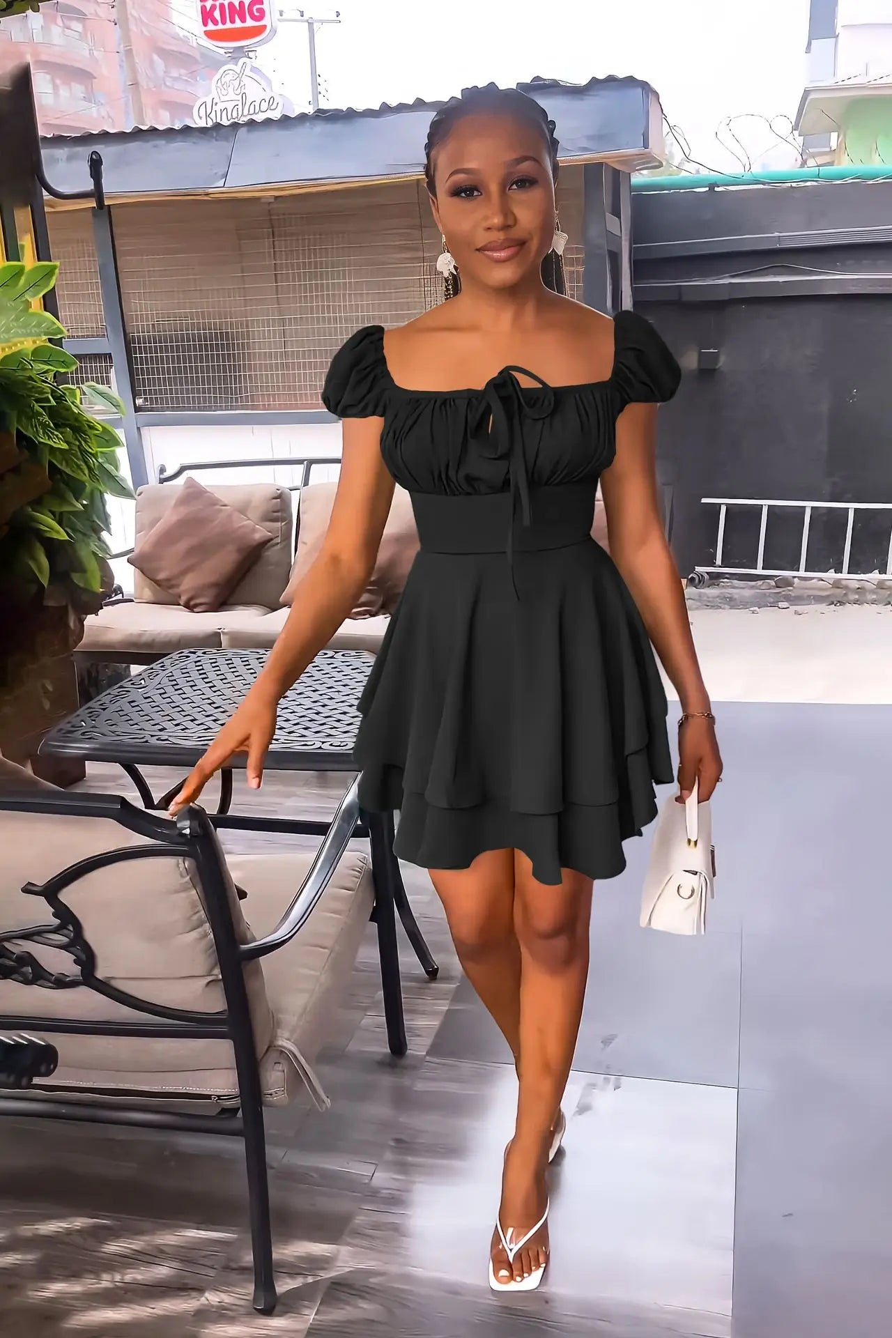 New Style Women Tie Front Square Neck Sexy Waist Ruffles Short Mini Flowy Dress Streetwear Summer Casual Dresses Ladies